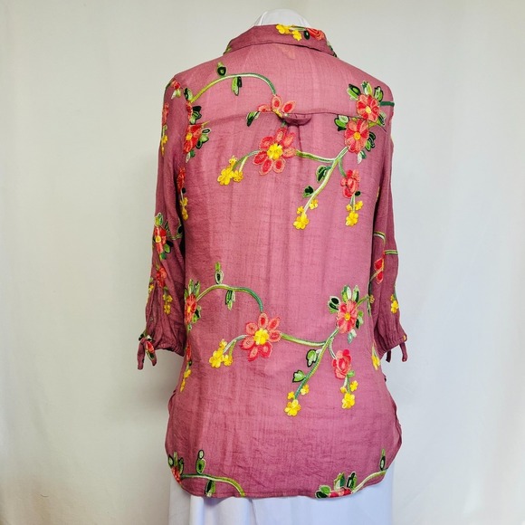 Fig and Flower Embroidered Boho Button Up Blouse No Size Tag Floral Gauze Top - Picture 2 of 8